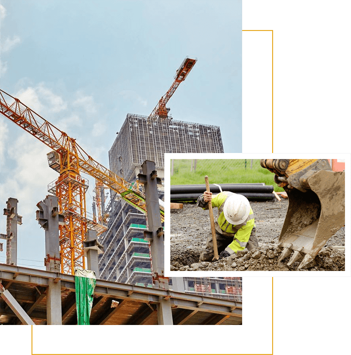 Collage of a construction site showing a tower crane, a worker inspecting pipes, and close-up of machinery moving earth.