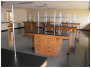 Chemistry lab with multiple workstations.